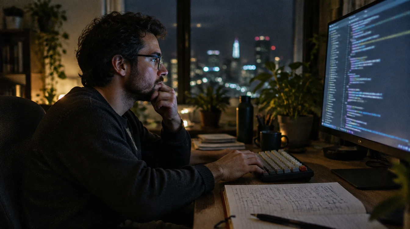 An engineer writing code at night